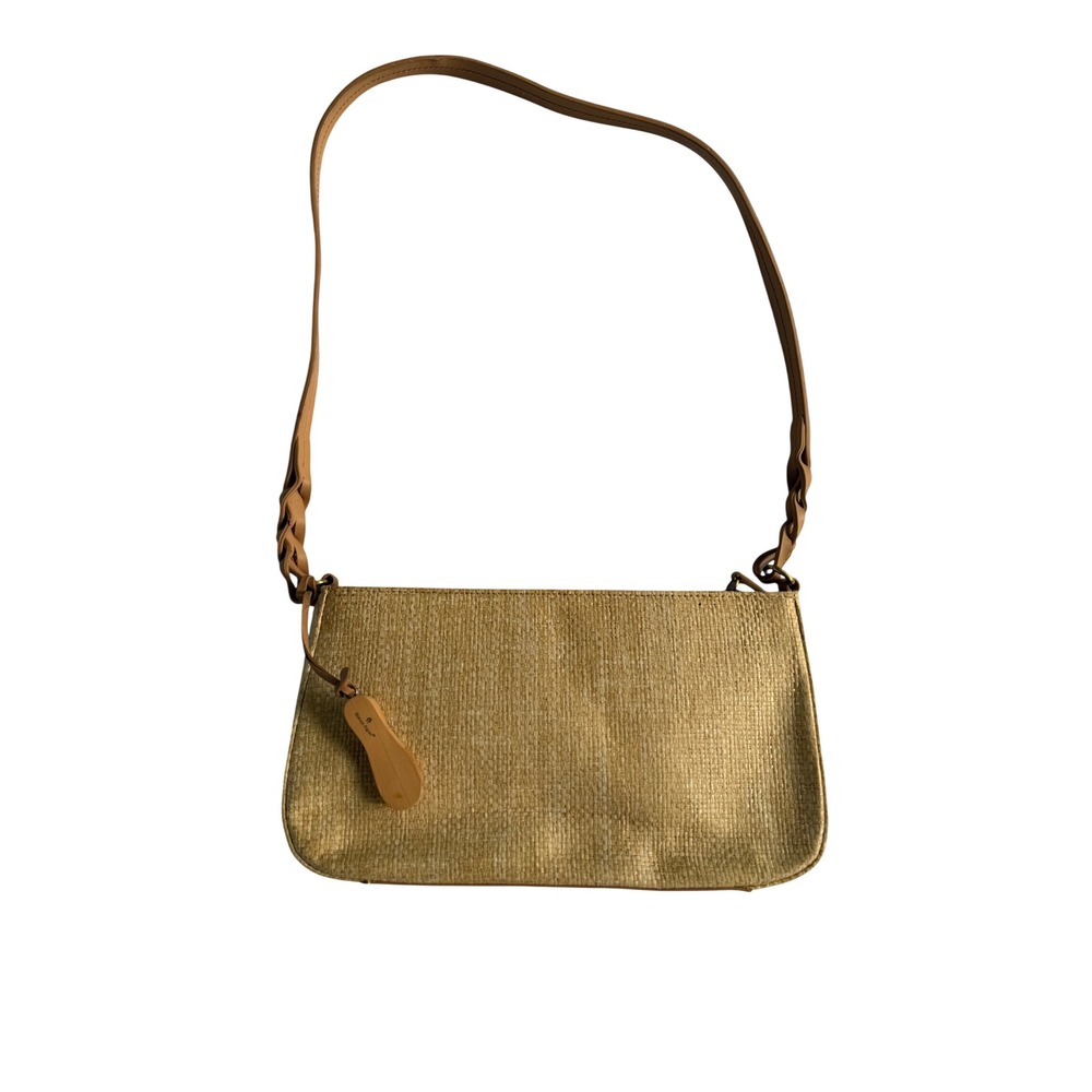 Vintage Etienne Aigner Woven Straw Baguette Shoulder Bag Tan Leather Logo Charm